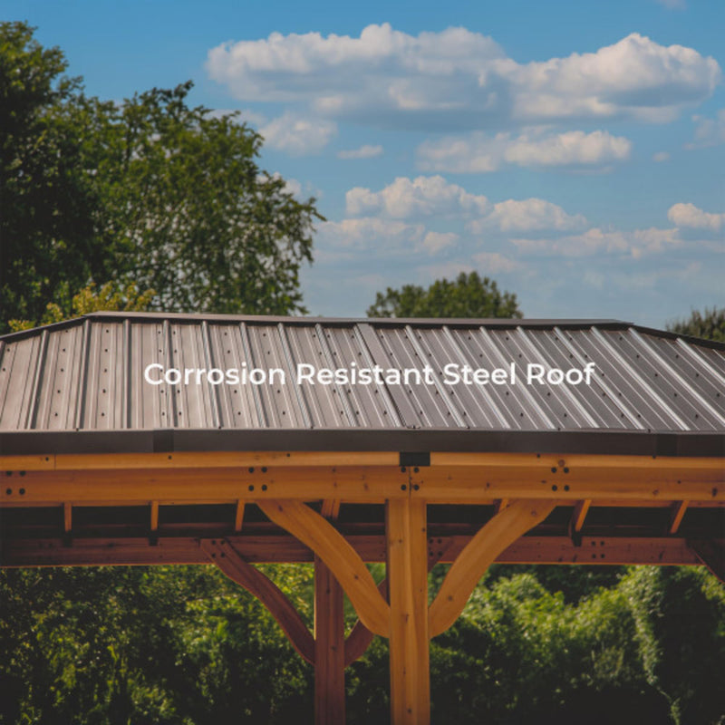 Backyard Discovery Barrington 24' x 12' Cedar Wood Outdoor Gazebo Pavilion with Hardtop Galvanized Steel Hip Roof, Snow Support, Wind Resistance, PowerPort, Shade for Garden, Patio, Deck, Entertaining