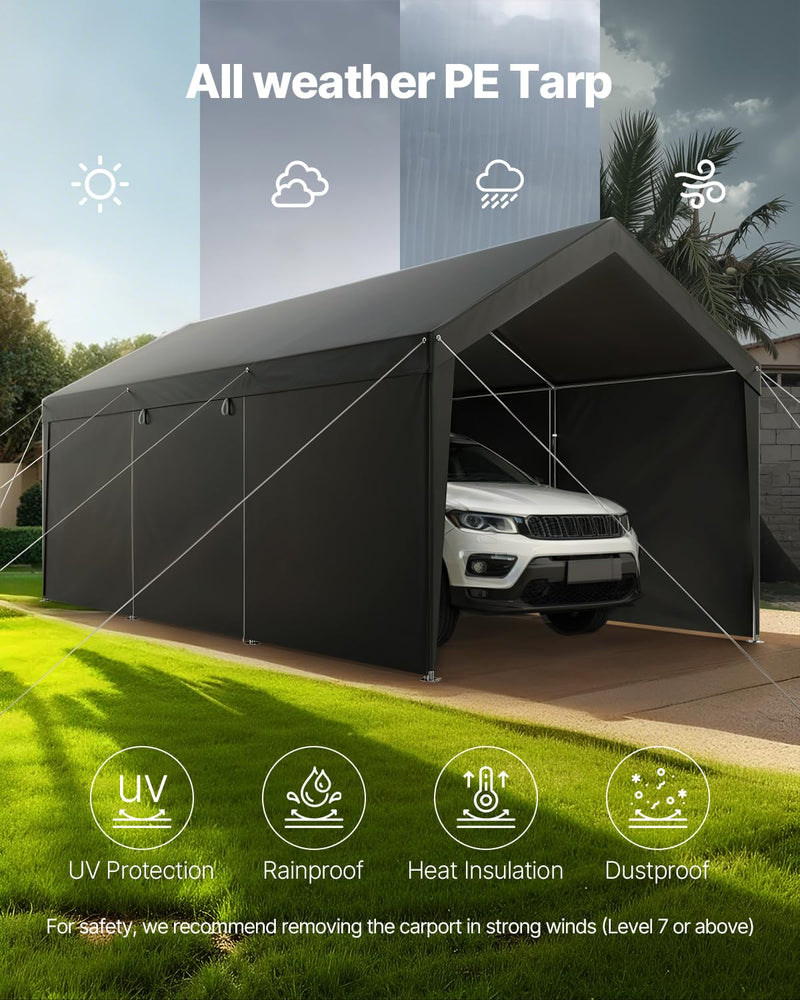 VEVOR 10x20 FT Heavy Duty Carport, Car Port Car Canopy, Potable Garage Car Canopy with Removable Sidewalls, Outdoor Car Shelter, UV and Water-Resistant Car Tent for Cars, Boats, Trucks, and Equipment