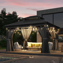 Aoxun 10' X 12' Hardtop Gazebo, Aluminum Outdoor Gazebo with Galvanized Steel Double Roof Canopy, Permanent Metal Pavilion with Privacy Curtain and Netting, for Garden, Backyard, Square Foundation