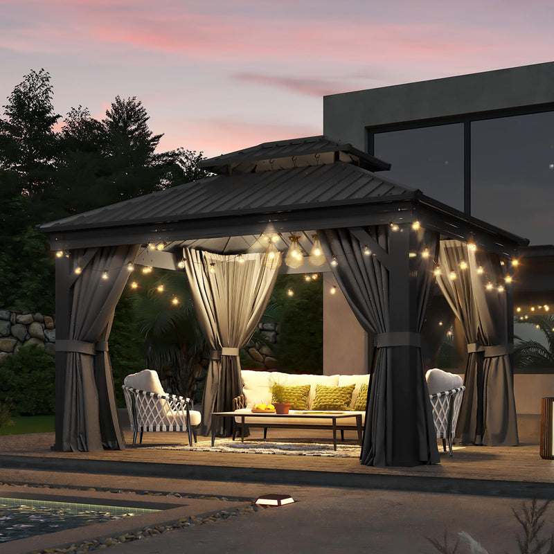 Aoxun 10' X 12' Hardtop Gazebo, Aluminum Outdoor Gazebo with Galvanized Steel Double Roof Canopy, Permanent Metal Pavilion with Privacy Curtain and Netting, for Garden, Backyard, Square Foundation