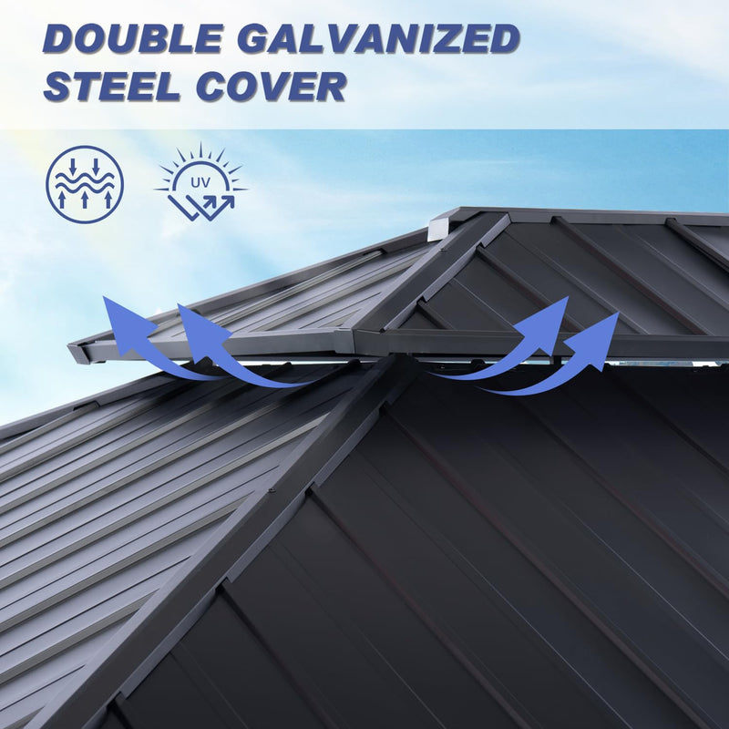 CHARMELEON 10'x12' Wood Gazebo,Patio Cedar Wood Gazebo with Mosquito Netting and Curtains, Galvanized Steel Hardtop Pavilion for Outdoor, Garden, Deck