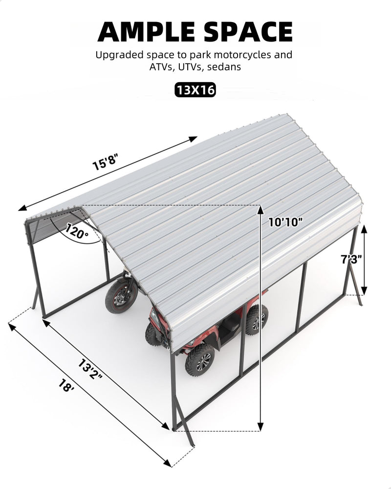 13 X 16 FT Metal Carport, Heavy Duty Carport Reinforced Frame and Steel Roof, All-Weather Shelter for Pickups, Boats, Cars, and Tractors