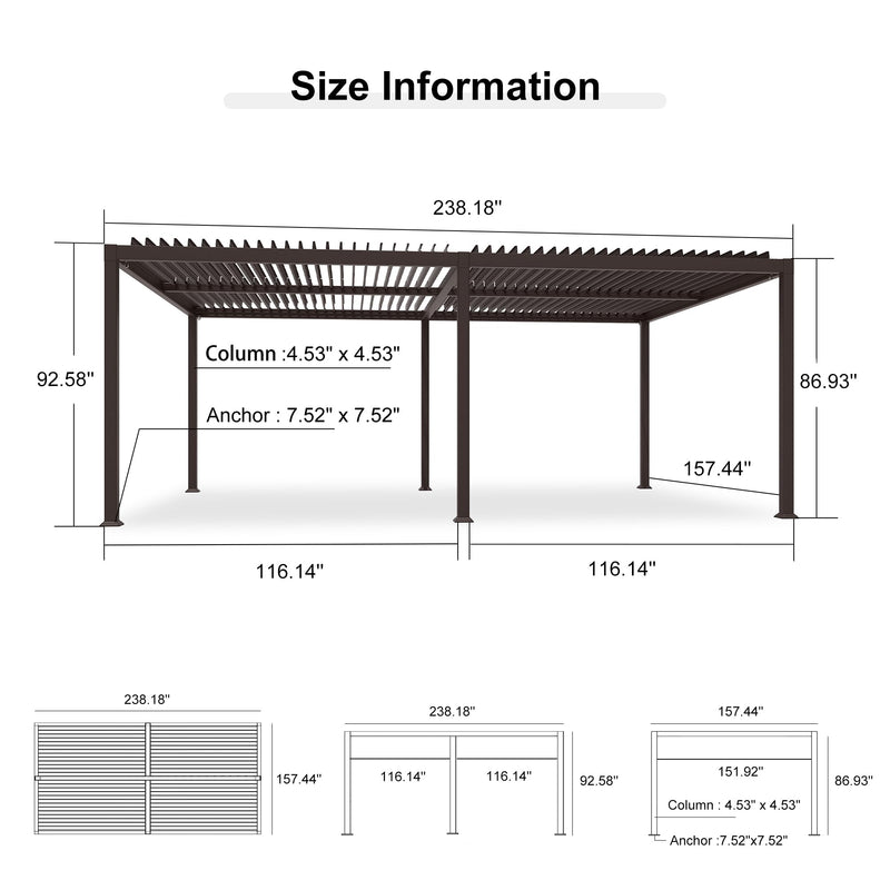 PURPLE LEAF 13' x 20' Louvered Pergola Outdoor Adjustable Louvre Shade Modern Patio Aluminum Pergola with Retractable Roof for Deck Backyard Garden Hardtop Gazebo