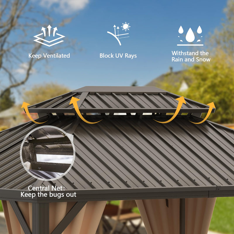 Domi 12'x16' Hardtop Gazebo Canopy Metal,Outdoor Aluminum Gazebo with Galvanized Steel Double Roof,Curtain and Netting,Permanent Gazebo Pavilion for Patio Deck,Backyard