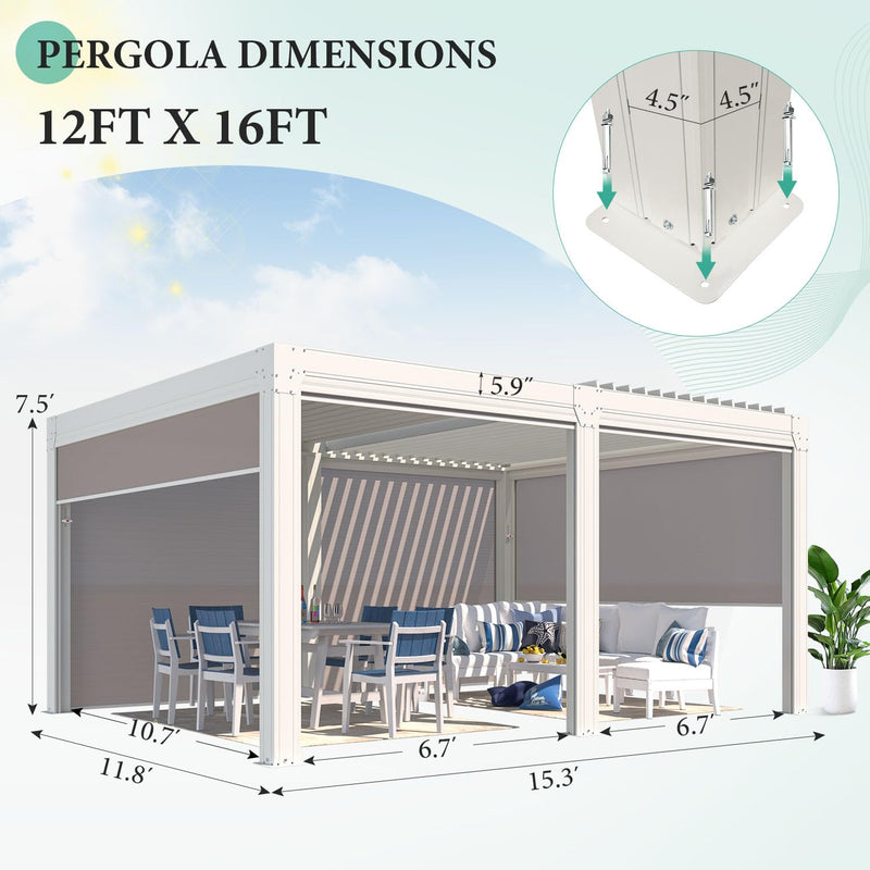 YOLENY Louvered Pergola and 6 Pull-Down Screens, 12x16FT All Aluminum Pergola with Adjustable Rainproof Roof, Outdoor Sun Shade Shelter for Patio, Weatherproof, White