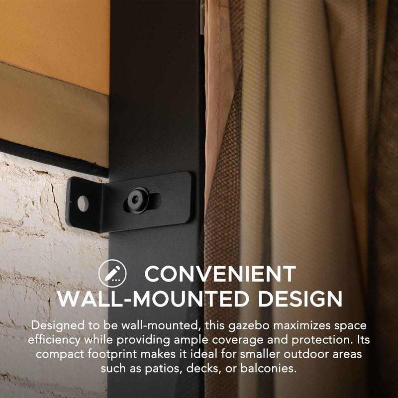 Sunjoy 10 x 12 ft Wall Mounted Gazebo with Weather Resistant Fabric Roof, Black Aluminum & Metal Frame Lean to Gazebo with Curtains and Netting