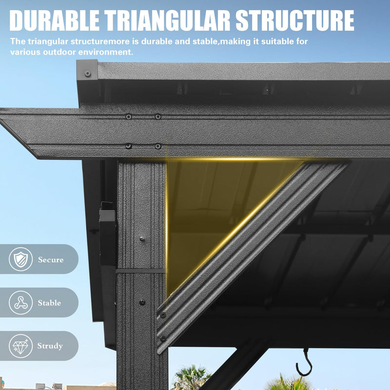 Domi 6.5x12FT Hardtop Grill Gazebo, Outdoor BBQ Gazebo with Galvanized Steel Sloping Roof, Metal Permanent Sun Shade Grill Canopy Shelter with 2 Side Shelves and Ceiling Hooks for Patio Yard, Gray
