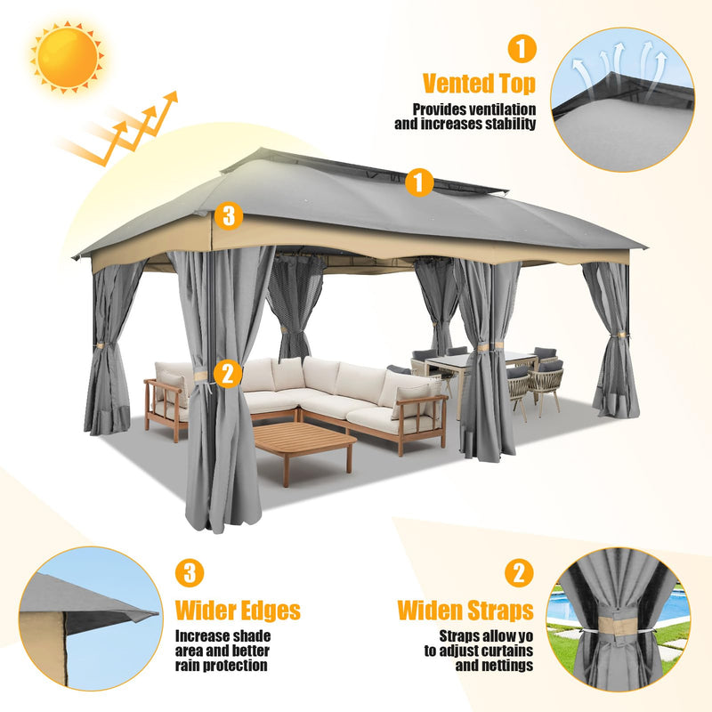 HOTEEL Gazebo 12x20, Outdoor Gazebo on Clearance with Double Ventilated Flat Roof, Privacy Curtains & Mosquito Netting, Easy Set up Canopy Tent with Stable Metal Frame for Patio, Gray (Upgraded 2.0)