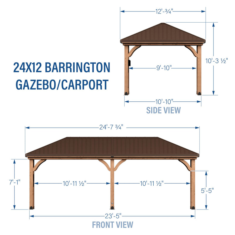 Backyard Discovery Barrington 24' x 12' Cedar Wood Outdoor Gazebo Pavilion with Hardtop Galvanized Steel Hip Roof, Snow Support, Wind Resistance, PowerPort, Shade for Garden, Patio, Deck, Entertaining