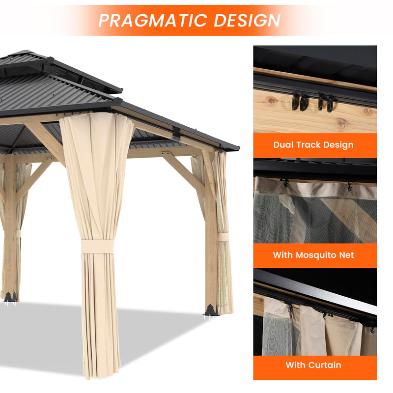 13’x15’ Outdoor Wooden Gazebo - Outdoor Patio Gazebo with Galvanized Steel Double Roof, Cedar Wooden Frame Pavilion with Netting and Curtains, Pergolas for Garden, Lawn, Poolside(13x15FT)