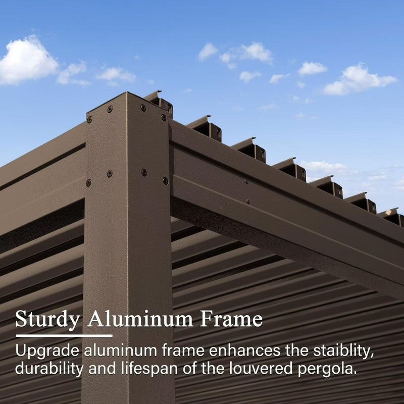 Domi Outdoor Louvered Pergola 10x20FT with Adjustable Steel Roof, Outdoor Aluminum Frame Rainproof Pergola for Backyard, Garden and Lawn,Brown