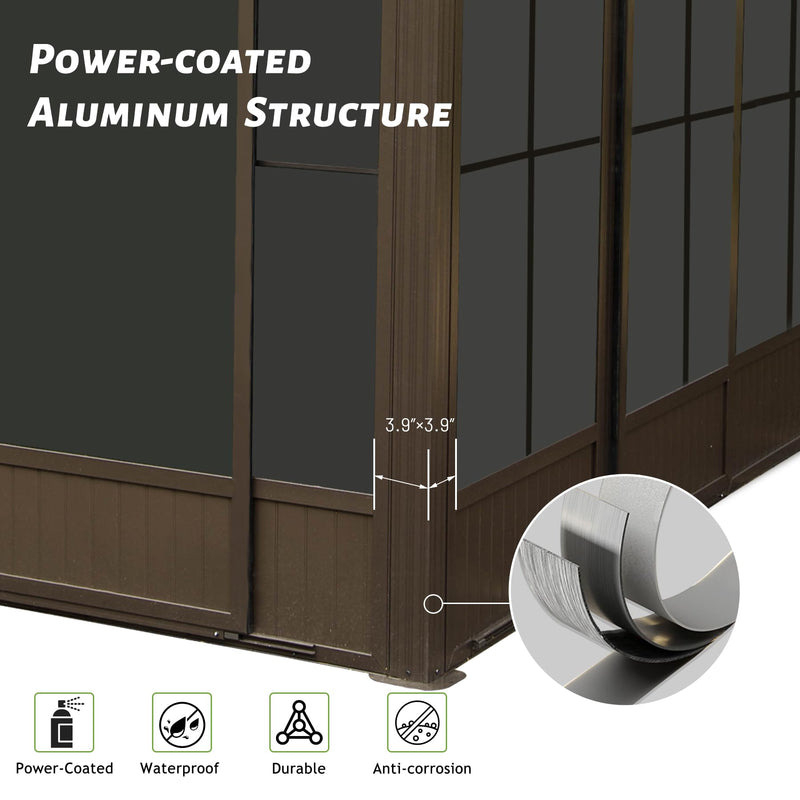 SHPAI 12'x14' Lean to Sunroom, All Weather Wall Mounted Solarium, Hardtop Aluminum Gazebo with Galvanized Steel Roof, 2 Sliding Doors, PVC Screens, Outdoor Permanent Sun Room for Patio, Deck, Backyard