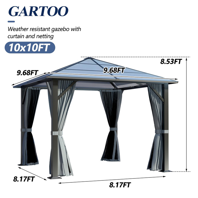 GARTOO 10’x10’ Patio Hardtop Gazebo with Polycarbonate Roof, Waterproof Outdoor Canopy Gazebo, Steel Frame Permanent Pavilion with Curtains and Netting, Perfect for Backyard, Patio, Lawn, Garden