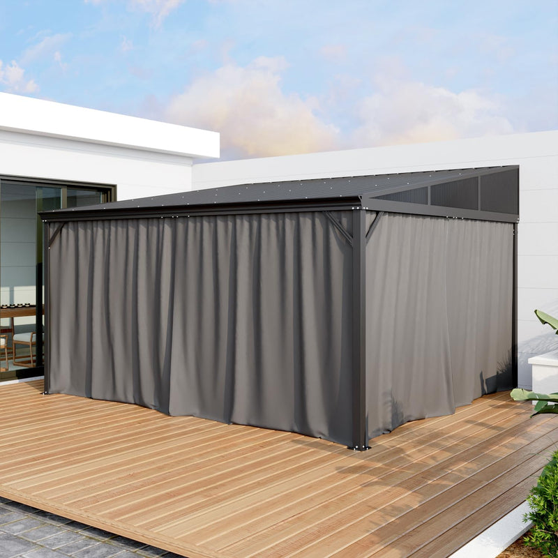 Homsee 12x14 FT Wall Mounted Gazebo with Curtains & Netting, Hardtop Lean to Gazebo with Galvanized Iron Roof & Aluminum Frame, Outdoor Pergola for Patio, Deck, Backyard, Black