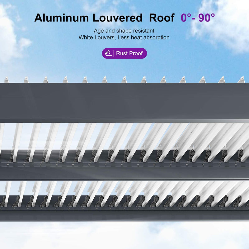 PURPLE LEAF 11' x 15' Adjustable Louvered Pergola with Drainage System Aluminum Outdoor Pergola with White Sun Shade Roof Hardtop Gazebo Metal Patio for Deck Backyard Garden