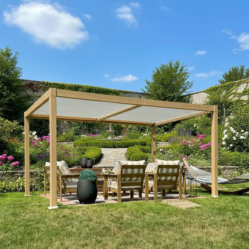 PURPLE LEAF 10' x 14' Louvered Pergola Outdoor Wood Grain Aluminum Pergola with Adjustable Roof Retractable Patio Rainproof Hardtop Gazebo for Deck Backyard Garden