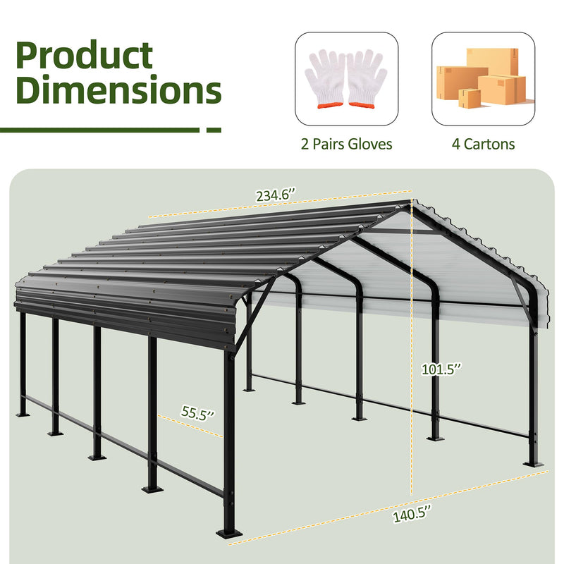 JAMFLY 12X20 FT Metal Carport, Heavy Duty Carport Canopy with Galvanized Steel Roof and Frame, Metal Car Garage Upgraded Extra Large Garage for Pickup, Boat, Car and Tractors (12 * 20 FT)
