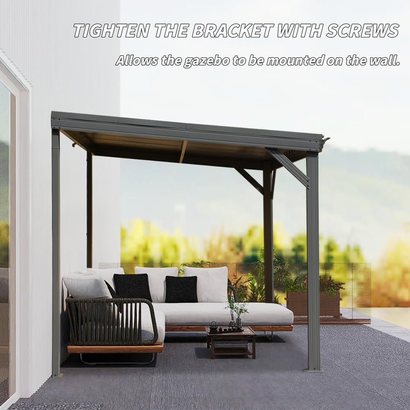 Domi 8' x10' Lean to Gazebo with Upgraded Drainage System, Wall Mounted Gazebo Hardtop Galvanized Steel Sloping Roof for Patio Deck Backyard Lawn Party（Gray）
