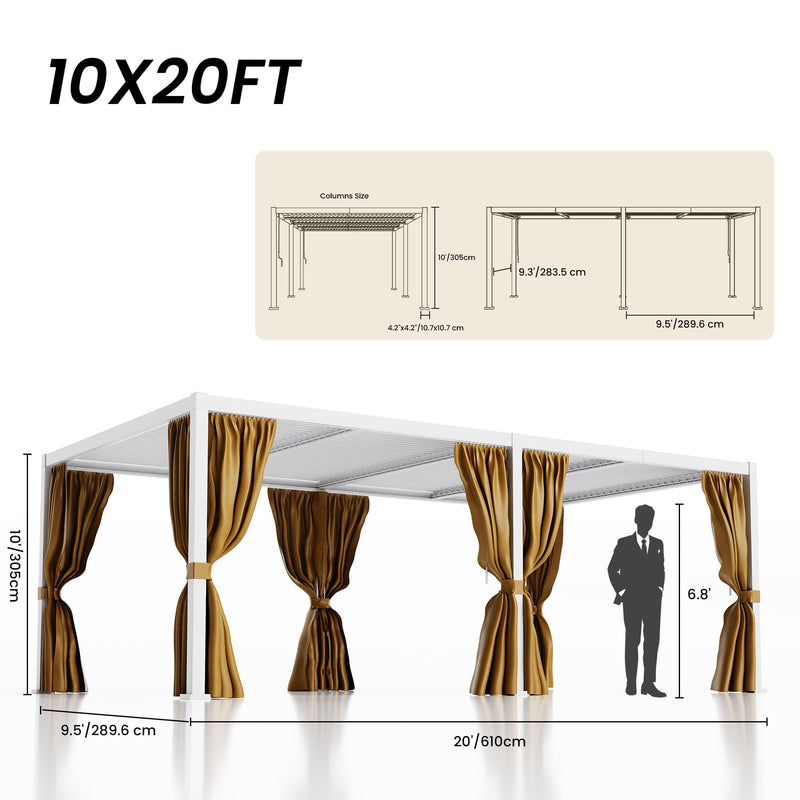 COSIEST 10'X20' Aluminum Louvered Pergola, All-Weather Adjustable Roof with Mosquito-Proof & UV Protection Netting Privacy Curtains for Deck, Backyard, Garden Outdoor Living Space (White)