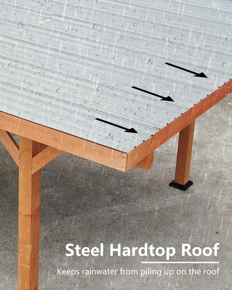 Beneouya 18.3 x 12.6 x 7.8 FT Carport, Wood Outdoor Gazebo Pavilion with Hardtop Sloped Steel Roof, Heavy Duty Waterproof Car Port for Backyard, Patio, Deck and Lawn