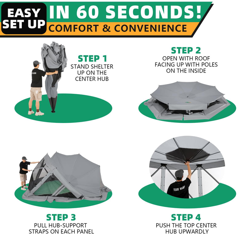 COBIZI Pop Up Gazebo Screen Tent Screen House for Camping, 15x15 Screen Room with Mosquito Netting, Hub Tent Instant Screened Canopy with Carrying Bag and Ground Stakes, Gray