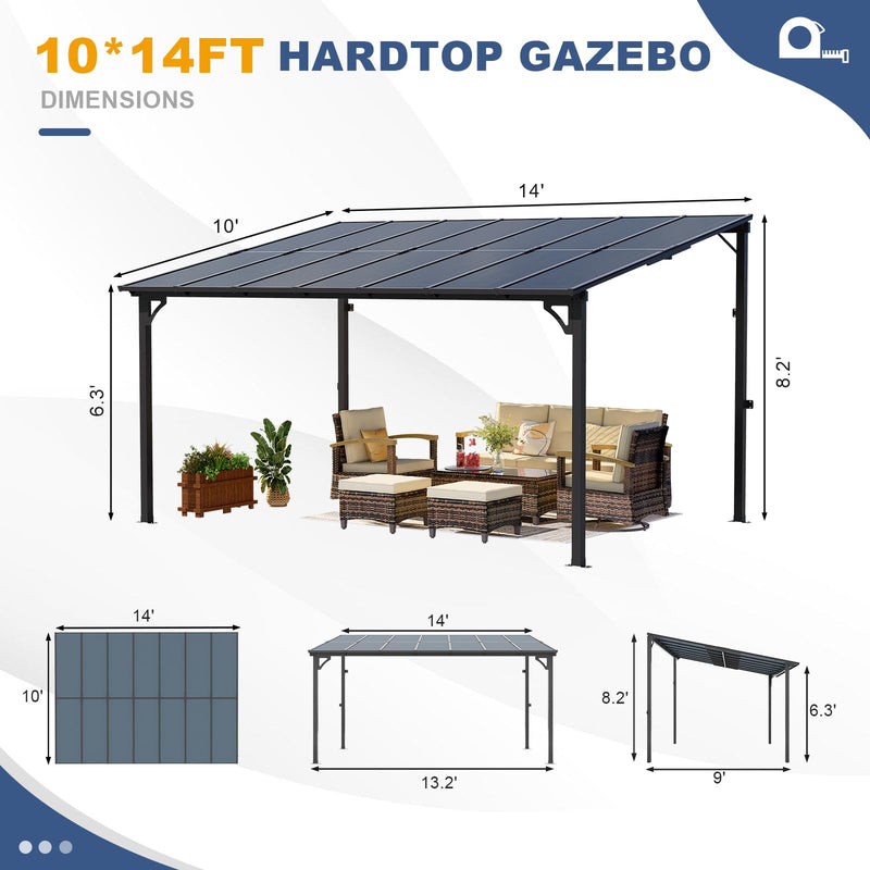 MEISSALIVVE 10' x 14' Pergola with Sloped Roof, Lean to Metal Awning for Outdoor Patio, Deck, Black