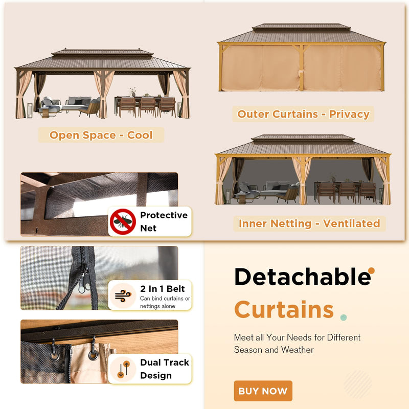 YOLENY 14'x24' Gazebo, Wooden Finish Coated Aluminum Frame Pergola with Double Galvanized Steel Hardtop Roof, Outdoor Permanent Metal Pavilion with Curtains and Nettings for Patio, Backyard and Deck