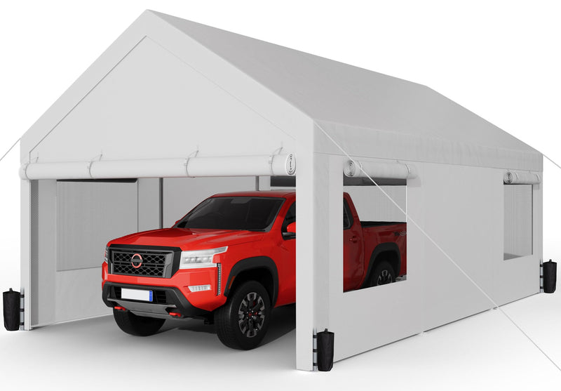 Shintenchi Carport 12' x 20' Heavy Duty Portable Garage, Car Port Canopy with Side-Opening Removable Door & Roll-Up Windows, Car Canopy for Truck,Car,Boat,Motorcycle,White