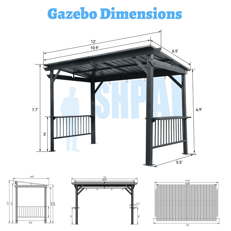 SHPAI 6.5x12FT Hardtop Grill Gazebo, All-Weather Outdoor BBQ Gazebo with 2 Side Shelves and 4 Ceiling Hook, Galvanized Steel Pitched Roof, Outdoor Grill Canopy for Patio, Backyard, Lawn, Deck – Grey