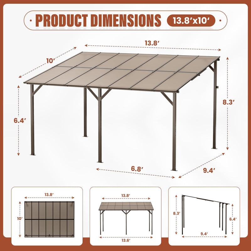 Oakcloud 10' x 14' Outdoor Wall Mounted Gazebo, Patio Lean to Gazebo Pergola with Sloped Roof, Large Heavy Duty Awning for Patio, Backyard, Deck