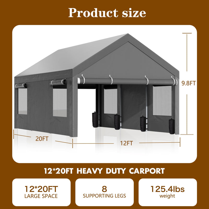 Walsunny Carport, 12x20 ft Heavy Duty Carport Canopy with Roll-up Windows, Portable Garage with Removable Sidewalls & Doors, Car Canopy with All-Season Tarp for Car, Truck, Boat