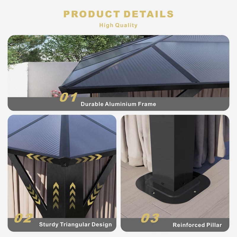 SOLUMIA 10’x12’ Hardtop Gazebo, Double Roof Patio Pergola with Polycarbonate Panels, Aluminum Frame, Outdoor Canopy with Netting for Backyard, Garden, and Deck – Durable & UV-Resistant