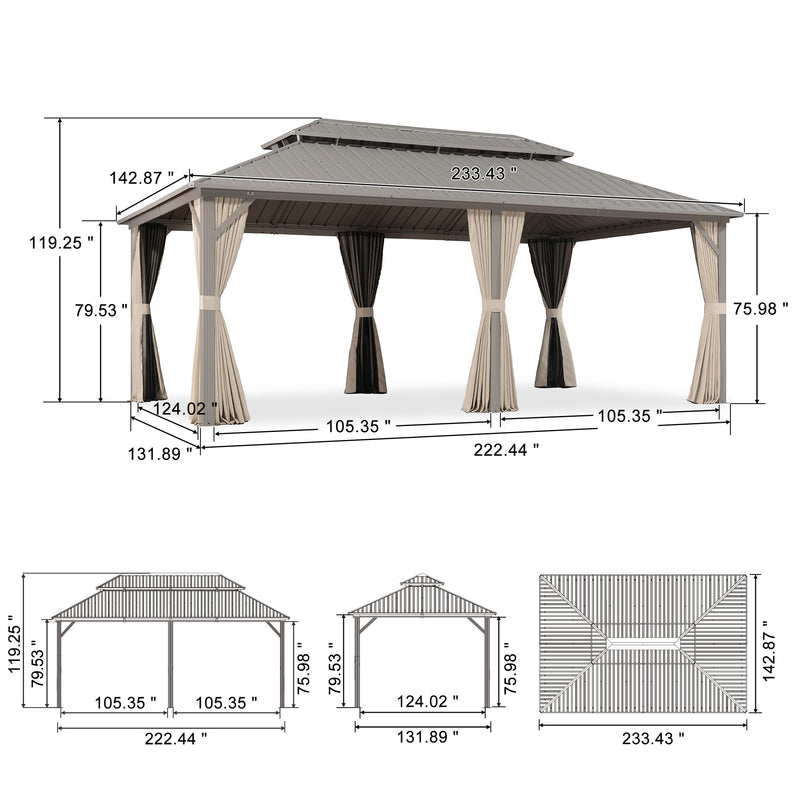 PURPLE LEAF 12' x 20' Outdoor Hardtop Gazebo, Champagne Aluminum Gazebo with Galvanized Steel Double Roof, Curtains and Netting for Patio Lawn and Garden