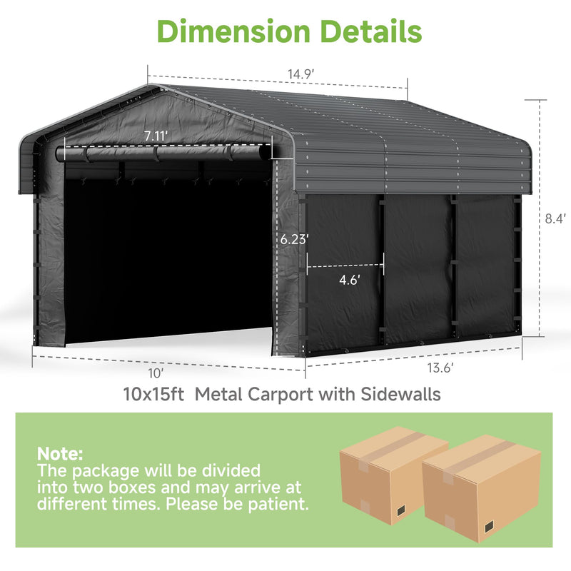 Real Relax 10x15ft Heavy Duty Metal Carport with Galvanized Steel Roof, Removable Sidewalls, Outdoor Car Port Shelter for Cars, Trucks and Boats, Gray
