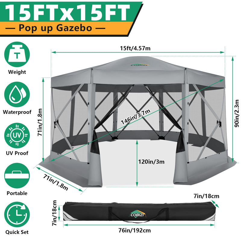 COBIZI Pop Up Gazebo Screen Tent Screen House for Camping, 15x15 Screen Room with Mosquito Netting, Hub Tent Instant Screened Canopy with Carrying Bag and Ground Stakes, Gray