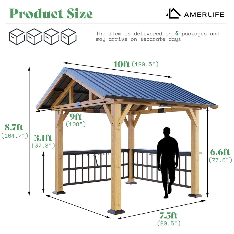 AMERLIFE Solid Wood Gazebo, Hardtop Gazebo with Metal Steel Gable Roof with Guest House for Garden, Porch, Patio, Black + Natural Wood (9 x10FT)