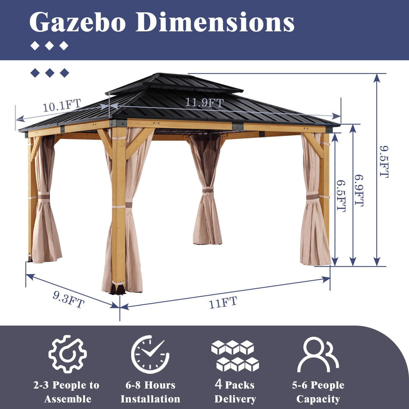 CHARMELEON 10'x12' Wood Gazebo,Patio Cedar Wood Gazebo with Mosquito Netting and Curtains, Galvanized Steel Hardtop Pavilion for Outdoor, Garden, Deck