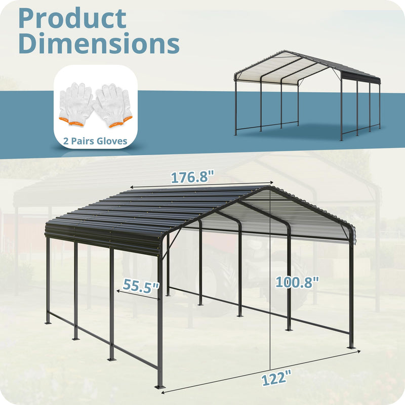VIWAT Carport 10x15 FT Metal Carport with Enhanced Base Outdoor Heavy Duty Garage Galvanized Car Shelter for Pickup, Boat, Car and Tractors