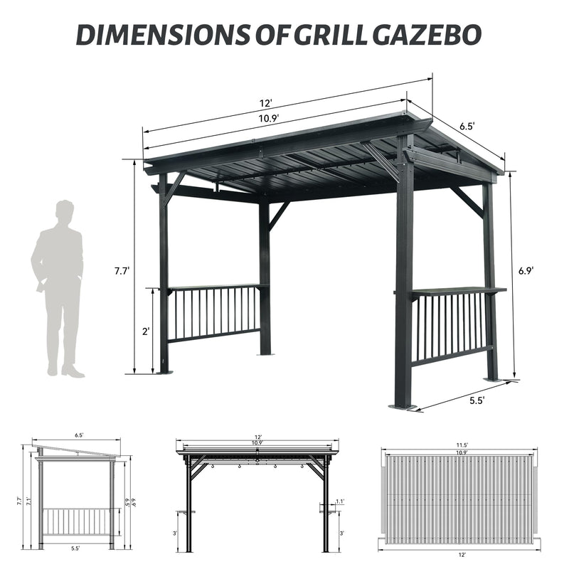 Domi 6.5x12FT Hardtop Grill Gazebo, Outdoor BBQ Gazebo with 2 Side Shelves and Ceiling Hook, Outdoor Grill Canopy with Galvanized Steel Slope Roof for Patio Lawn Backyard Deck, Grey