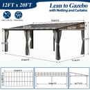 COVERONICS 12' X 20' Outdoor Polycarbonate Lean to Gazebo - Wall-Mounted Aluminum Frame Gazebo with Slope Hardtop, Patio Heavy-Duty Lean to Pergola with Netting & Curtains for Garden, Backyard, Deck