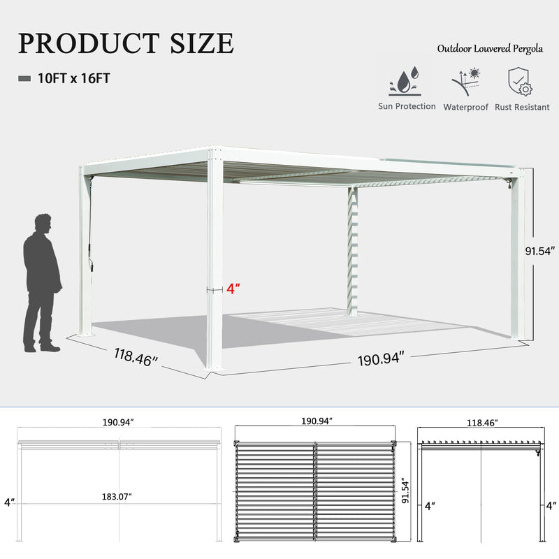 Domi Outdoor Louvered Pergola 10x16FT with Adjustable Steel Roof, Outdoor Aluminum Structure Rainproof Pergola for Backyard, Garden and Lawn,White