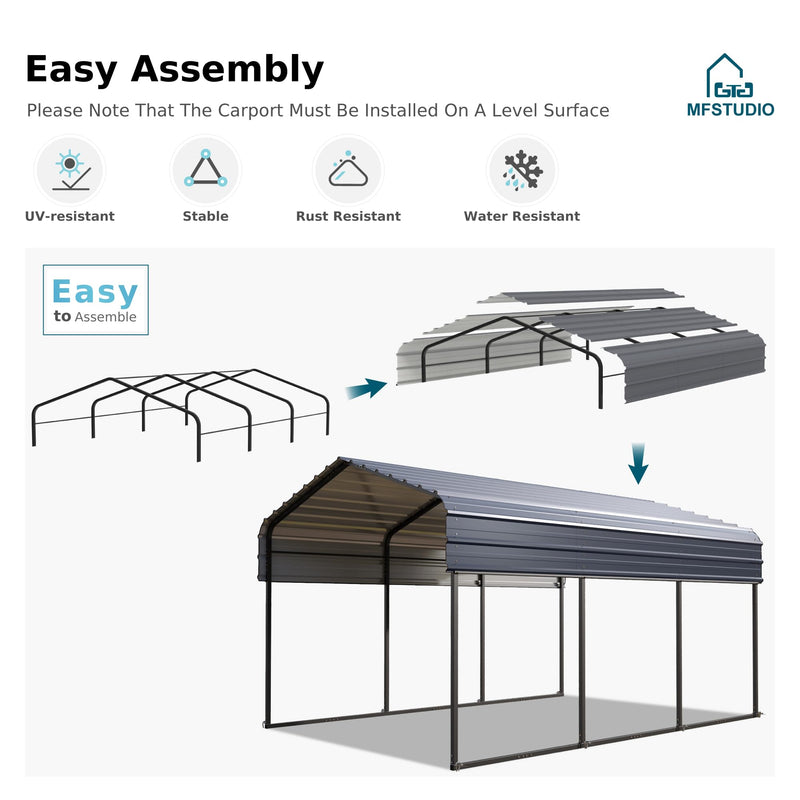 MFSTUDIO Carport 10x15 ft, Outdoor Heavy Duty Carports with Sidewalls, Metal Shed Canopy Shelters Garage Shelter Shade Car Ports with Galvanized Roof for Cars, Truck and Boats