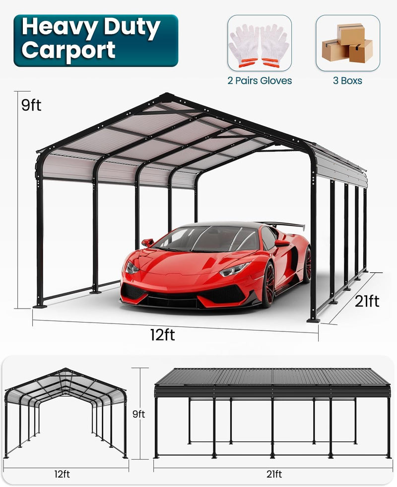 Metal Carport 12x21 Heavy Duty Easy Snow Off & Self Draining Design, 70KG/㎡ Load Ideal for Snow/Rain/Wind Conditions, Enhanced Base & Double Rust Proof Coating & Galvanized for Boats and Car, Truck