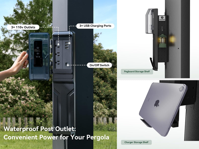 FlexPatio 13x13 FT Outdoor Motorized Louvered Pergola,Aluminum Retractable Pergola with Remote Control,Adjustable Rainproof Roof Gazebo with Drainage System and LED Light,6-inch Post