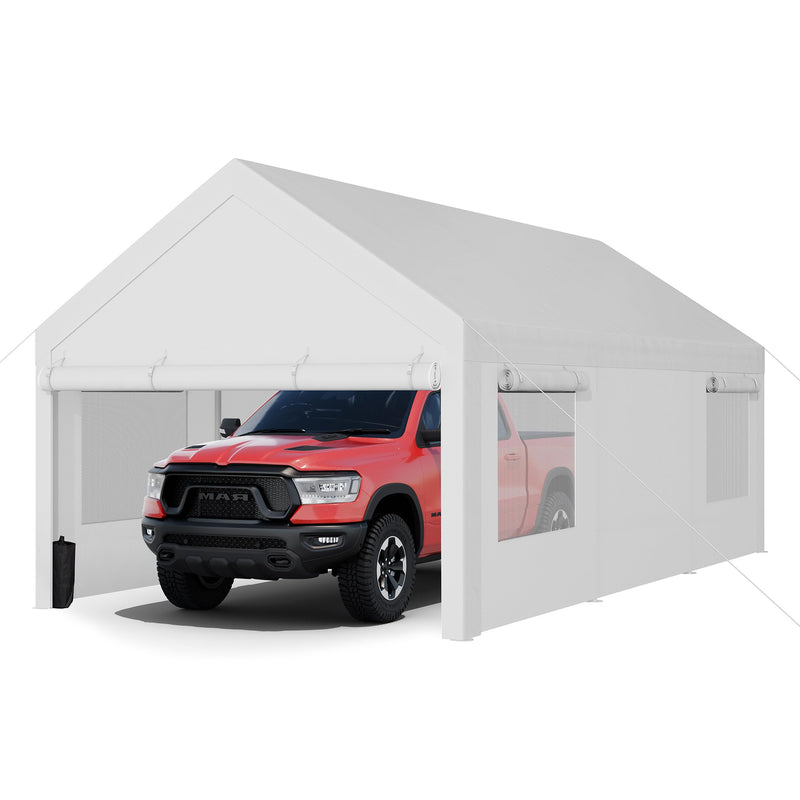 JY QAQA Carport, 12x20 FT Heavy Duty Carport with Removable Side Walls and Doors, Portable Garage with Roll-Up Window and Sandbags, Car Canopy with All-Season Tarp for Cars, Trucks, Boats, White