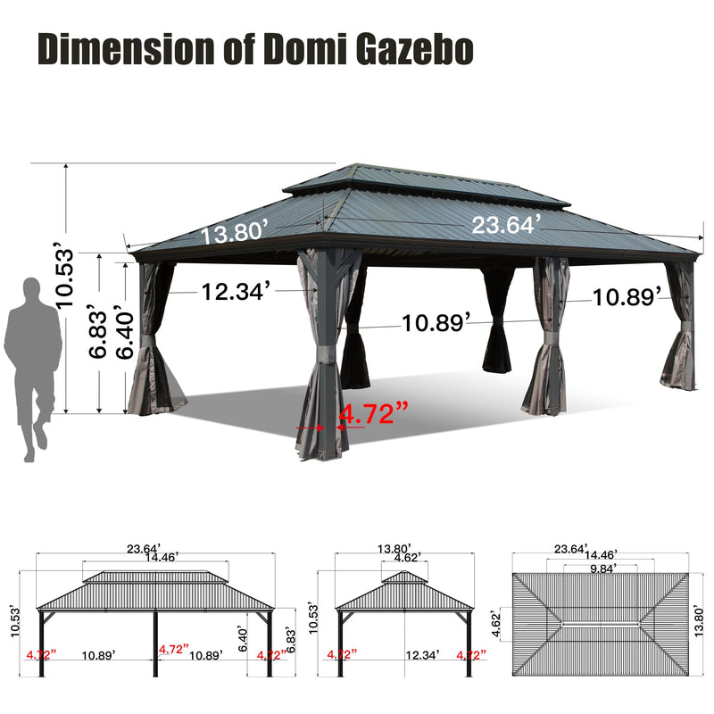 Domi 14'x24' Hardtop Gazebo Canopy,Outdoor Aluminum Gazebo with Galvanized Steel Double Roof, Extra Large Permanent Gazebo Pavilion for Patio Deck Backyard,Curtain and Netting,Grey