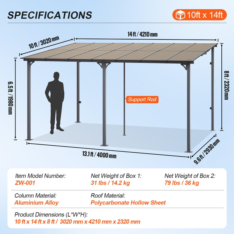 VEVOR Lean to Gazebo for Patio, 10' x 14' Hard Top Gazebo with Aluminum Frame, Wall Mounted & Freestanding Pergola, UV Resistant Polycarbonate Roof, Outdoor Patio Awnings for Deck, Garden and Backyard