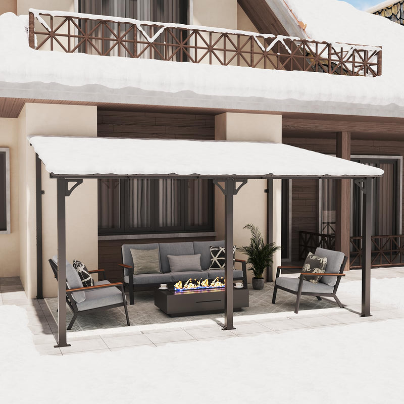 SUNSITT 10'x 14' Gazebo, Outdoor Lean to Gazebo Pergola w/Drainage Holes, Wall-Mounted Gazebo with Hard Top Metal Awnings for Patio Backyard Deck, Dark Grey