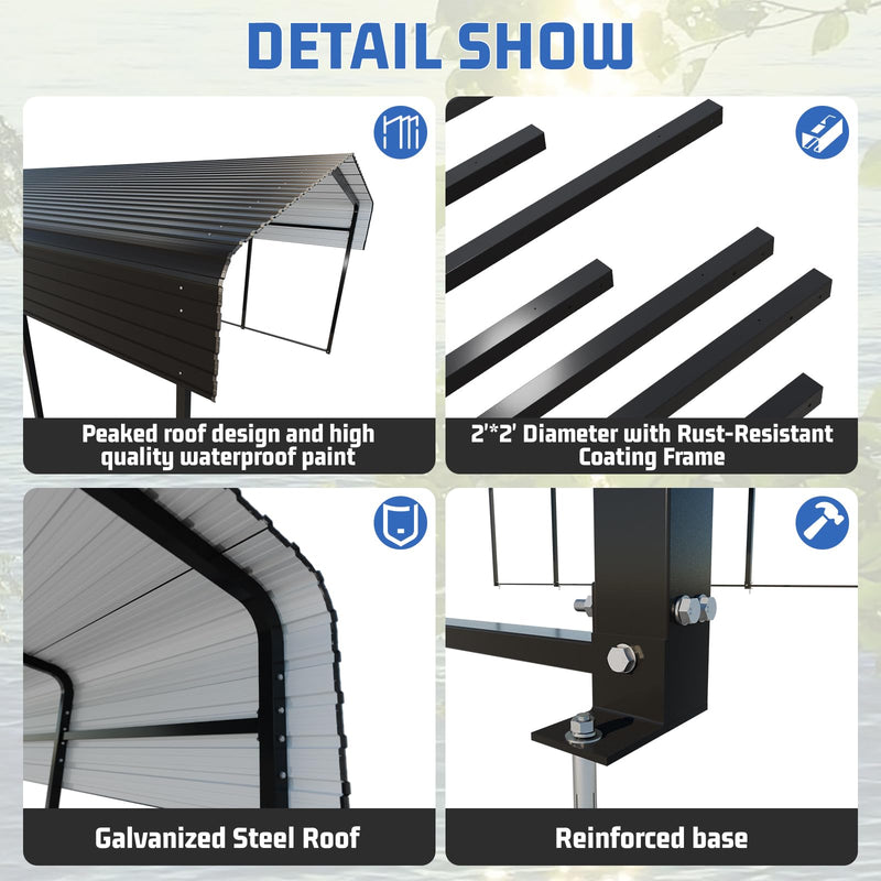 HEYTOWN Metal Carport 10 * 15 FT Heavy Duty Carport Canopy with Galvanized Steel Roof Multi-Use Shelter Outdoor Portable Garage for Car, Boat, Pickup and Tractor