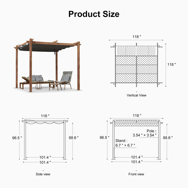 PURPLE LEAF 10' x 10' Outdoor Retractable Pergola with Sun Shade Canopy Patio Metal Shelter for Garden Porch Pavilion Natural Wood Grain Frame Aluminum Gazebo Modern Backyard Grill Pergola Gray